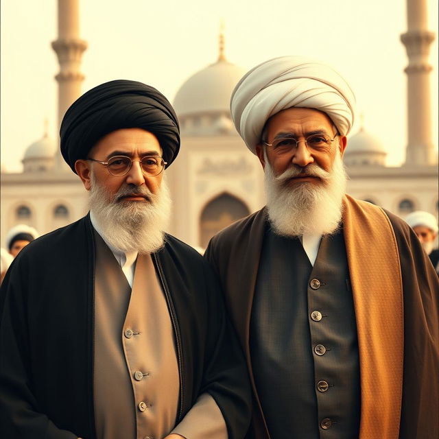 A historical and respectful scene depicting Ayatollah Ali Khamenei standing next to Ayatollah Ruhollah Khomeini