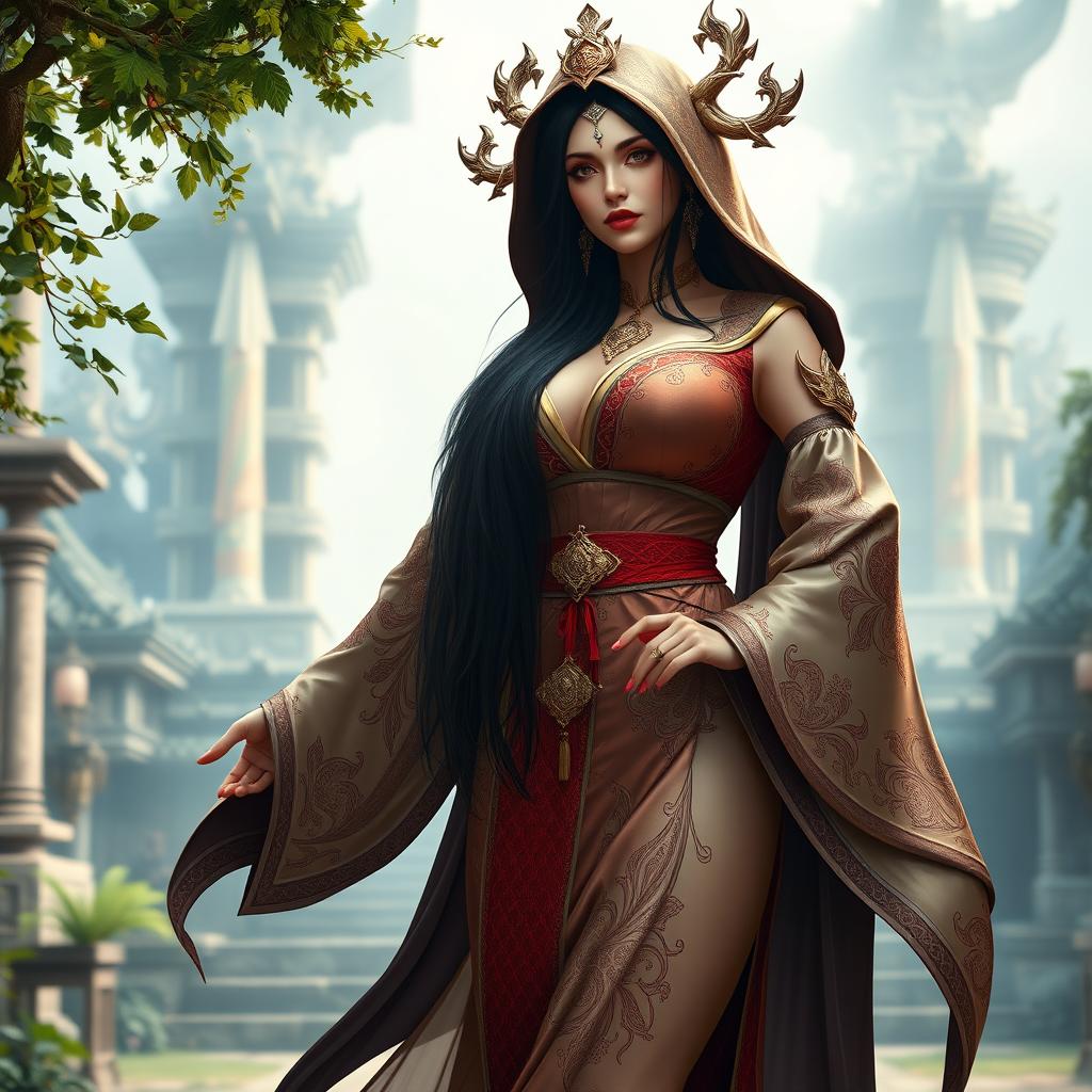 A voluptuous priestess of reincarnation with a big thick ass and large breasts, adorned with long, flowing dark hair