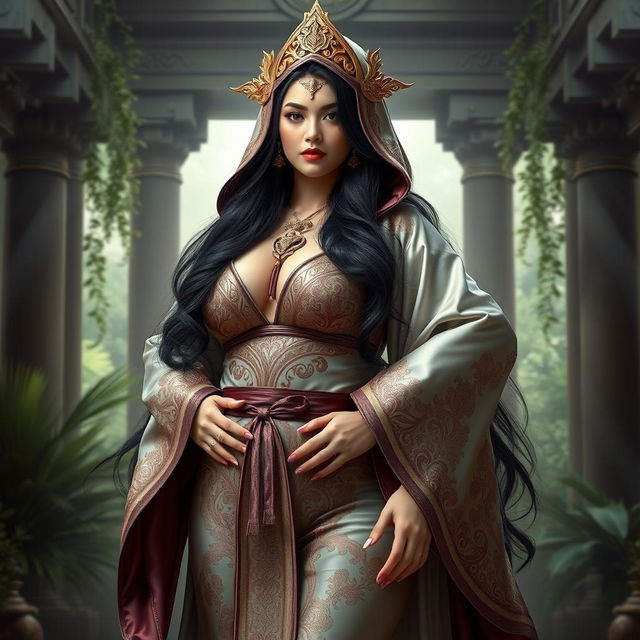 A voluptuous priestess of reincarnation with a big thick ass and large breasts, adorned with long, flowing dark hair