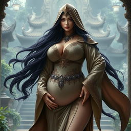 A voluptuous priestess of reincarnation with a big thick ass and large breasts, adorned with long, flowing dark hair