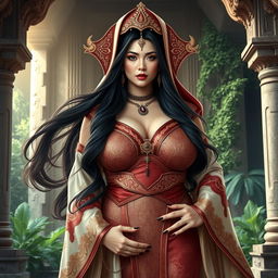 A voluptuous priestess of reincarnation with a big thick ass and large breasts, adorned with long, flowing dark hair