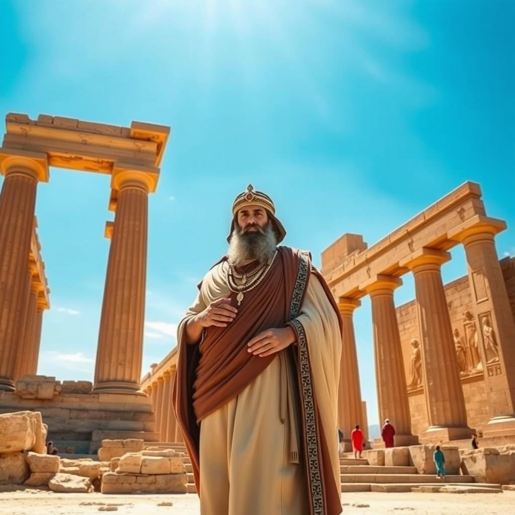 A majestic scene of Cyrus the Great, portrayed in traditional ancient Persian attire, standing proudly at Persepolis (Takhte Jamshid)