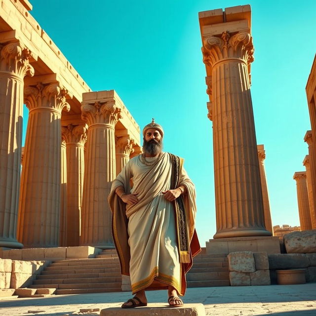 A majestic scene of Cyrus the Great, portrayed in traditional ancient Persian attire, standing proudly at Persepolis (Takhte Jamshid)