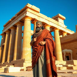 A majestic scene of Cyrus the Great, portrayed in traditional ancient Persian attire, standing proudly at Persepolis (Takhte Jamshid)