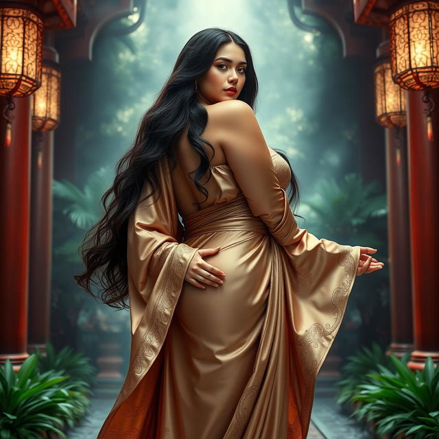 A voluptuous priestess of reincarnation, showcasing her big thick ass and large breasts, adorned with long, flowing dark hair that cascades down her back