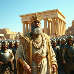 A grand depiction of Cyrus the Great at Persepolis (Takhte Jamshid), adorned in luxurious, ornate ancient Persian clothing, rich in gold and intricate designs