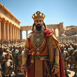 A grand depiction of Cyrus the Great at Persepolis (Takhte Jamshid), adorned in luxurious, ornate ancient Persian clothing, rich in gold and intricate designs