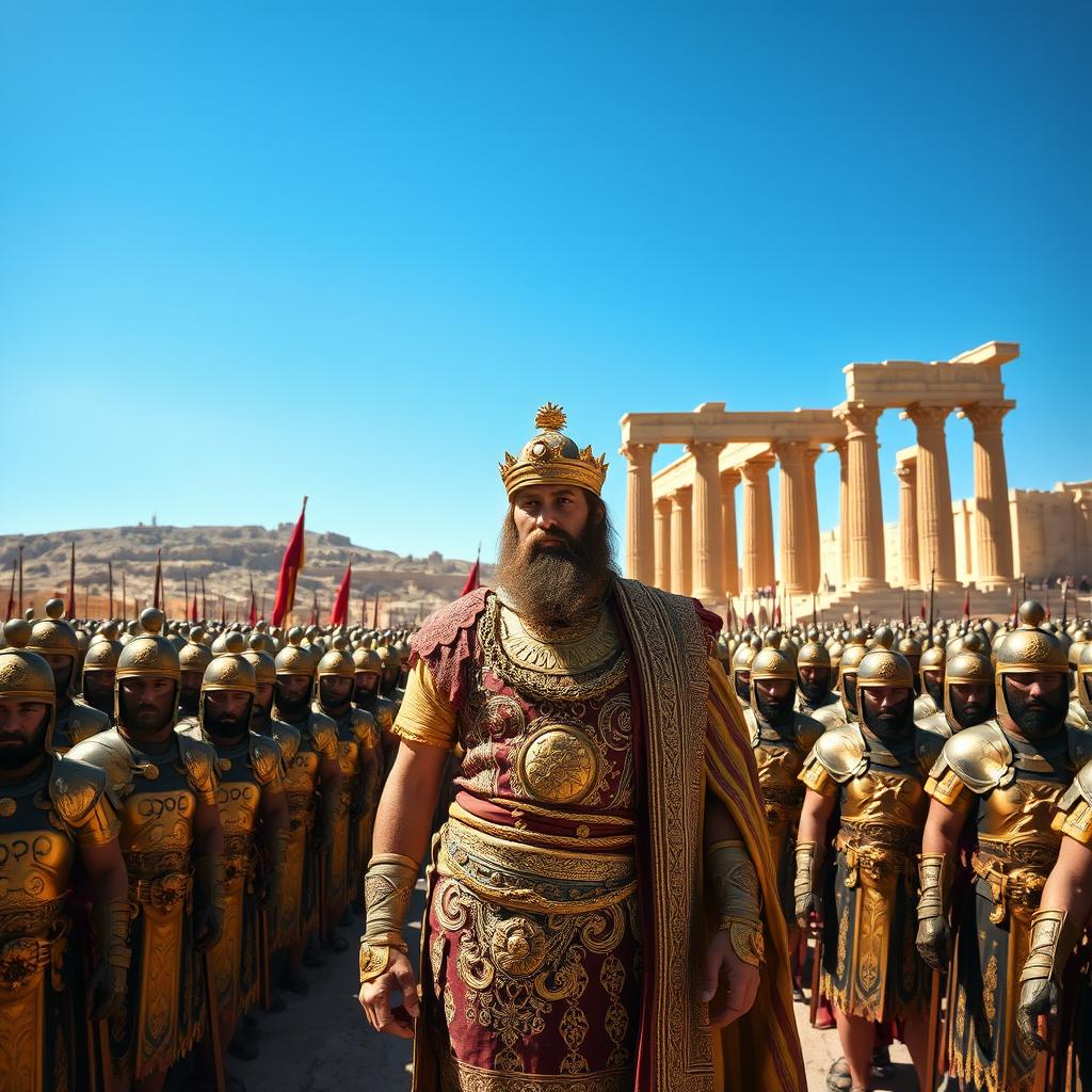 A grand depiction of Cyrus the Great at Persepolis (Takhte Jamshid), adorned in luxurious, ornate ancient Persian clothing, rich in gold and intricate designs