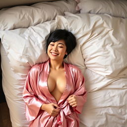 A cute 32-year-old woman of mixed French and Japanese descent stands at the bottom of her son's bed, holding one of his shirts picked up from the floor, smiling adoringly at him while he sleeps