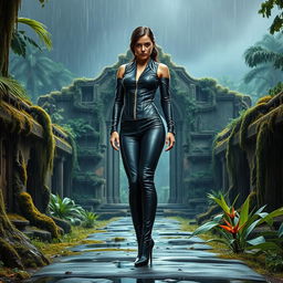 A 25-year-old Princess Leia, dressed in a sleek skin-tight black leather combat catsuit that accentuates her figure, and stylish stiletto-heeled boots