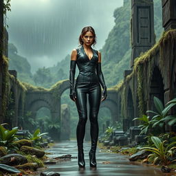 A 25-year-old Princess Leia, dressed in a sleek skin-tight black leather combat catsuit that accentuates her figure, and stylish stiletto-heeled boots