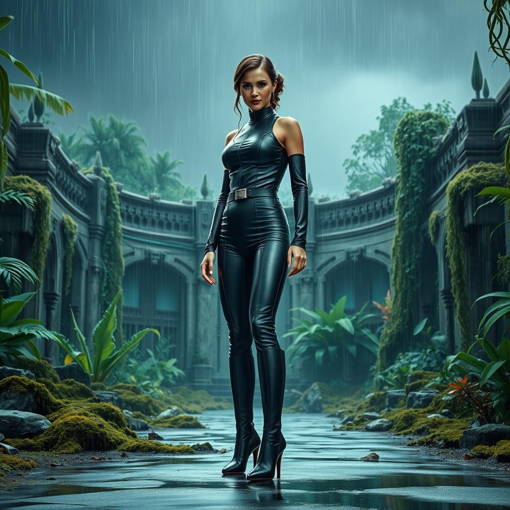A 25-year-old Princess Leia, dressed in a sleek skin-tight black leather combat catsuit that accentuates her figure, and stylish stiletto-heeled boots