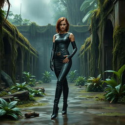A 25-year-old Princess Leia, dressed in a sleek skin-tight black leather combat catsuit that accentuates her figure, and stylish stiletto-heeled boots