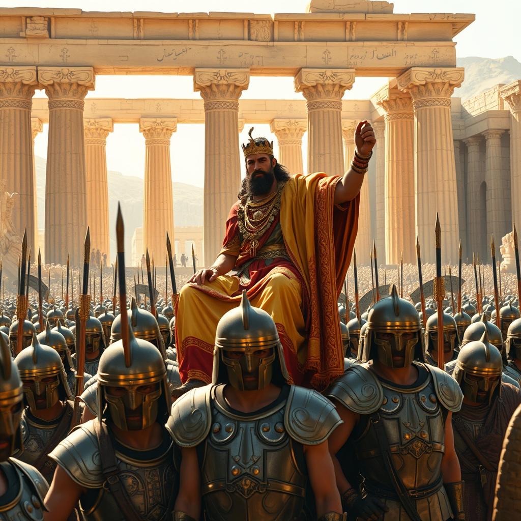 A powerful scene depicting Cyrus the Great at an intact and magnificent Persepolis (Takhte Jamshid), adorned in luxurious and richly ornate ancient Persian clothing