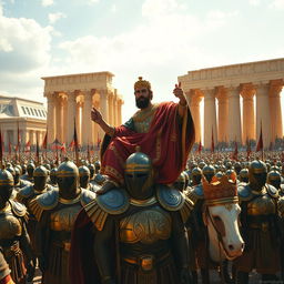 A powerful scene depicting Cyrus the Great at an intact and magnificent Persepolis (Takhte Jamshid), adorned in luxurious and richly ornate ancient Persian clothing