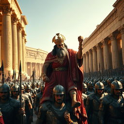 A powerful scene depicting Cyrus the Great at an intact and magnificent Persepolis (Takhte Jamshid), adorned in luxurious and richly ornate ancient Persian clothing
