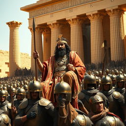 A powerful scene depicting Cyrus the Great at an intact and magnificent Persepolis (Takhte Jamshid), adorned in luxurious and richly ornate ancient Persian clothing