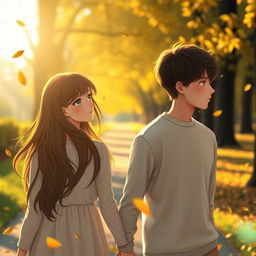 A poignant scene depicting a girl and a boy walking together but gradually drifting apart