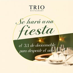 An elegant and modern advertisement for a restaurant named TRIO, featuring a sophisticated design in beige and green tones