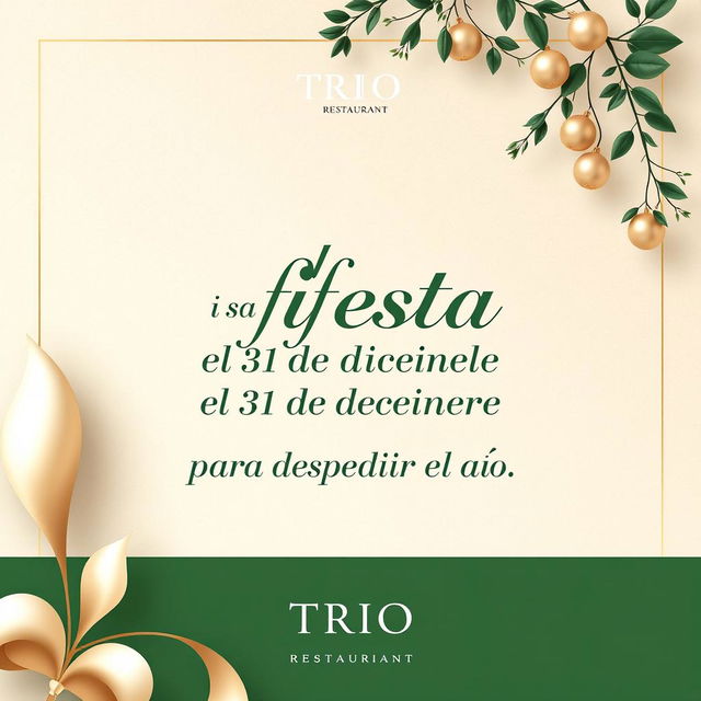 An elegant and modern advertisement for a restaurant named TRIO, featuring a sophisticated design in beige and green tones