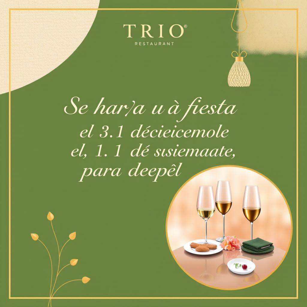 An elegant and modern advertisement for a restaurant named TRIO, featuring a sophisticated design in beige and green tones