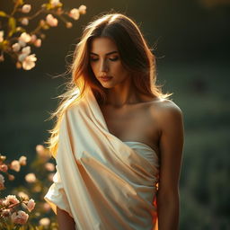 A tasteful and artistic portrayal of a beautiful woman in a soft, natural setting, with elegant drapes of silk partially revealing her figure
