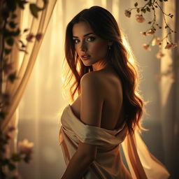 A tasteful and artistic portrayal of a beautiful woman in a soft, natural setting, with elegant drapes of silk partially revealing her figure