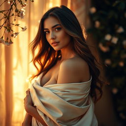 A tasteful and artistic portrayal of a beautiful woman in a soft, natural setting, with elegant drapes of silk partially revealing her figure