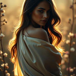 A tasteful and artistic portrayal of a beautiful woman in a soft, natural setting, with elegant drapes of silk partially revealing her figure