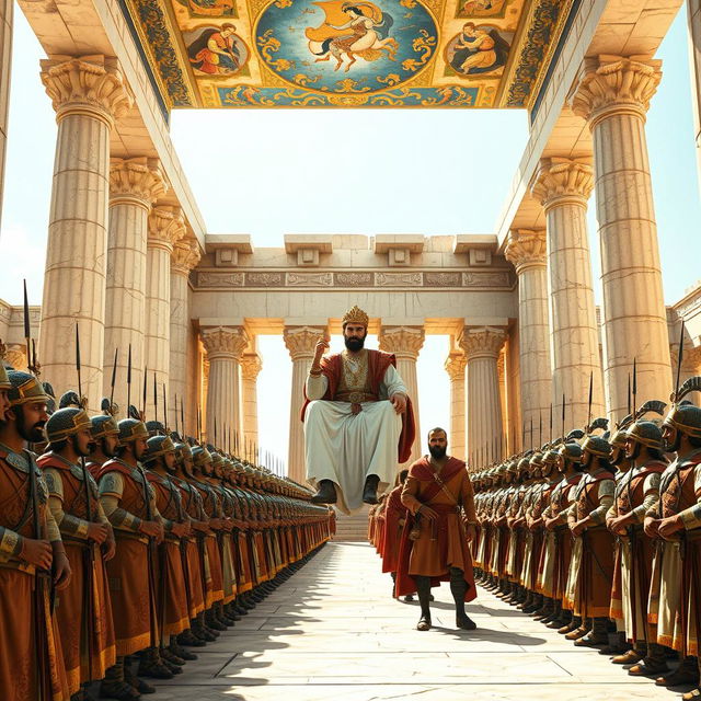 A breathtaking scene of Cyrus the Great at an intact and magnificent Persepolis (Takhte Jamshid), portrayed in luxurious and richly adorned ancient Persian clothing