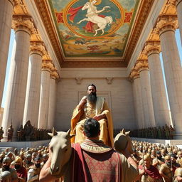 A breathtaking scene of Cyrus the Great at an intact and magnificent Persepolis (Takhte Jamshid), portrayed in luxurious and richly adorned ancient Persian clothing