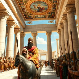 A breathtaking scene of Cyrus the Great at an intact and magnificent Persepolis (Takhte Jamshid), portrayed in luxurious and richly adorned ancient Persian clothing