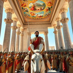 A breathtaking scene of Cyrus the Great at an intact and magnificent Persepolis (Takhte Jamshid), portrayed in luxurious and richly adorned ancient Persian clothing