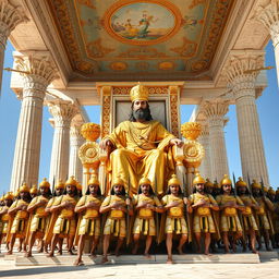 A magnificent depiction of Cyrus the Great seated on an exquisite ivory and pure gold throne at Persepolis, which remains intact and majestic