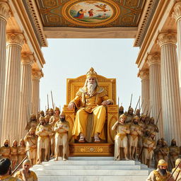 A magnificent depiction of Cyrus the Great seated on an exquisite ivory and pure gold throne at Persepolis, which remains intact and majestic