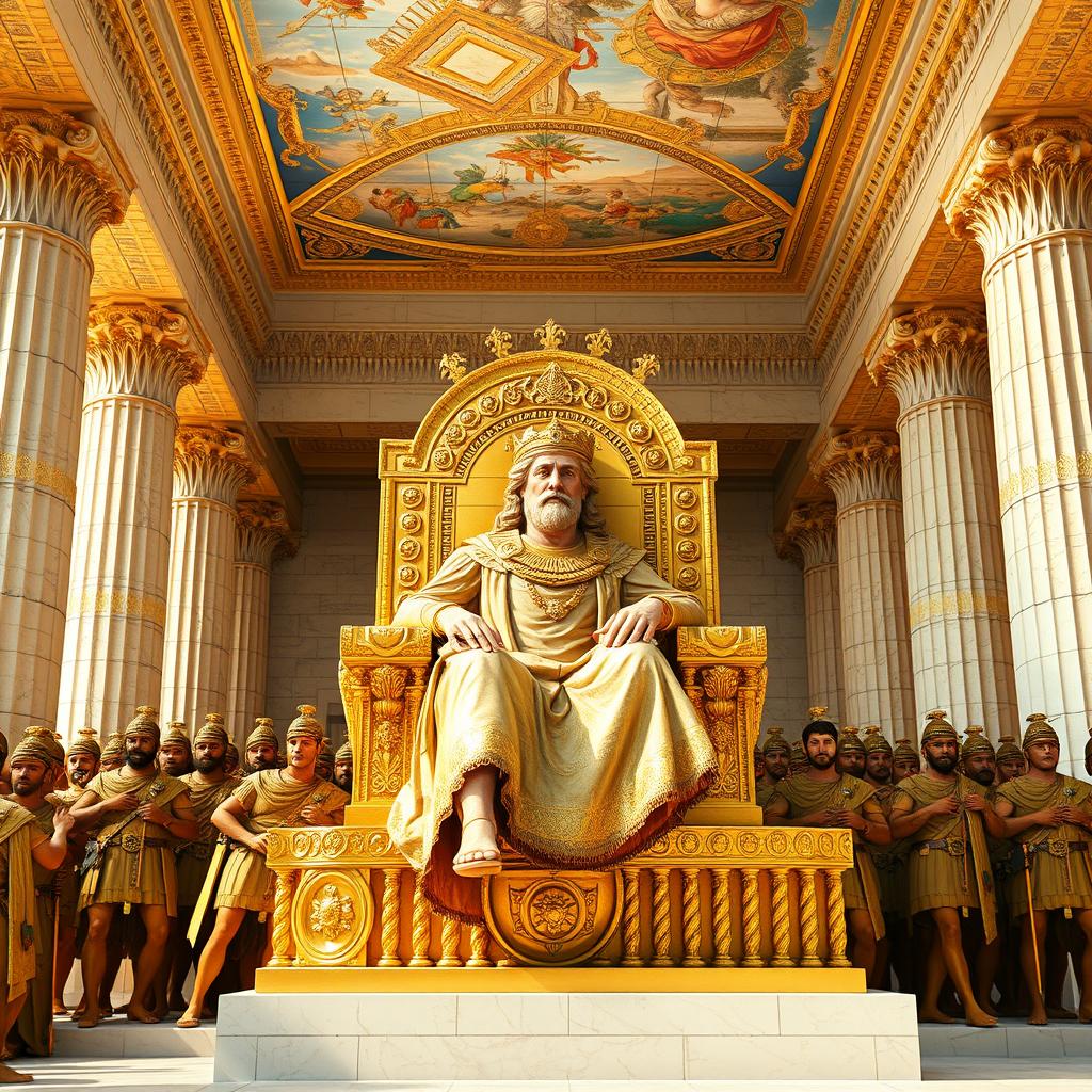 A magnificent depiction of Cyrus the Great seated on an exquisite ivory and pure gold throne at Persepolis, which remains intact and majestic