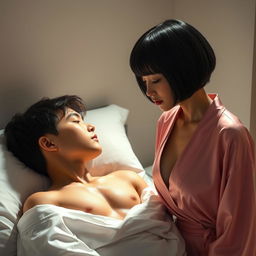 A cute 32 year old woman with mixed facial features from France and Japan, standing by the side of her son's bed