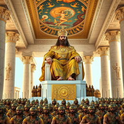 A grand depiction of Cyrus the Great at an immaculate Persepolis (Takhte Jamshid), elevated majestically on the shoulders of numerous soldiers