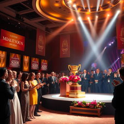A stunning depiction of a prestigious award ceremony, featuring elegantly dressed guests in formal attire, with a grand stage illuminated by bright lights
