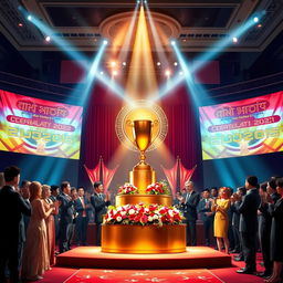 A stunning depiction of a prestigious award ceremony, featuring elegantly dressed guests in formal attire, with a grand stage illuminated by bright lights