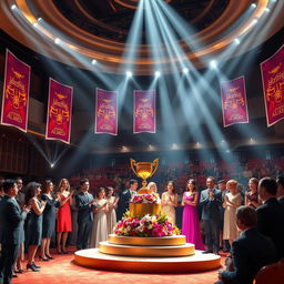 A stunning depiction of a prestigious award ceremony, featuring elegantly dressed guests in formal attire, with a grand stage illuminated by bright lights