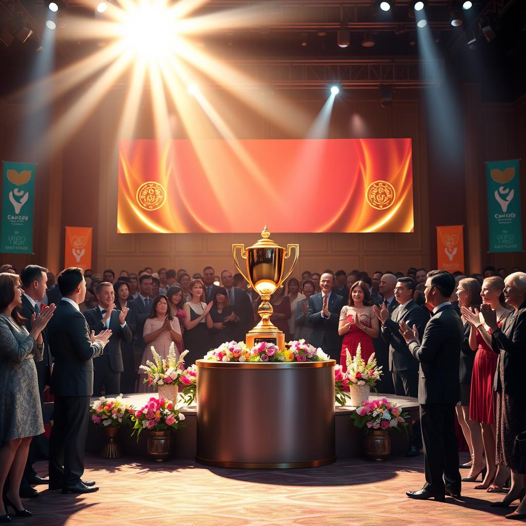 A stunning depiction of a prestigious award ceremony, featuring elegantly dressed guests in formal attire, with a grand stage illuminated by bright lights