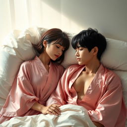 A tender scene depicting a 32-year-old woman with mixed French and Japanese features, standing lovingly by the side of her son's bed