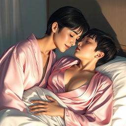 A tender scene depicting a 32-year-old woman with mixed French and Japanese features, standing lovingly by the side of her son's bed