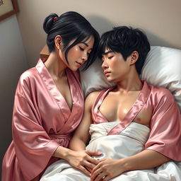 A tender scene depicting a 32-year-old woman with mixed French and Japanese features, standing lovingly by the side of her son's bed
