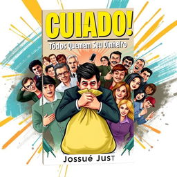 A high-definition book cover design for a financial education book titled 'Cuidado! Todos Querem Seu Dinheiro' by Josué Just