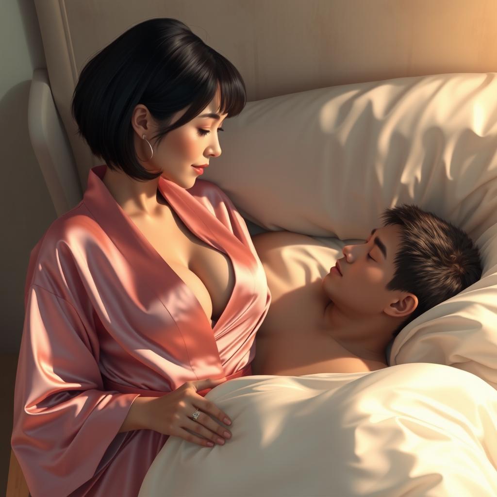 A tender scene depicting a 32-year-old woman with mixed French and Japanese features, standing lovingly by the side of her son's bed