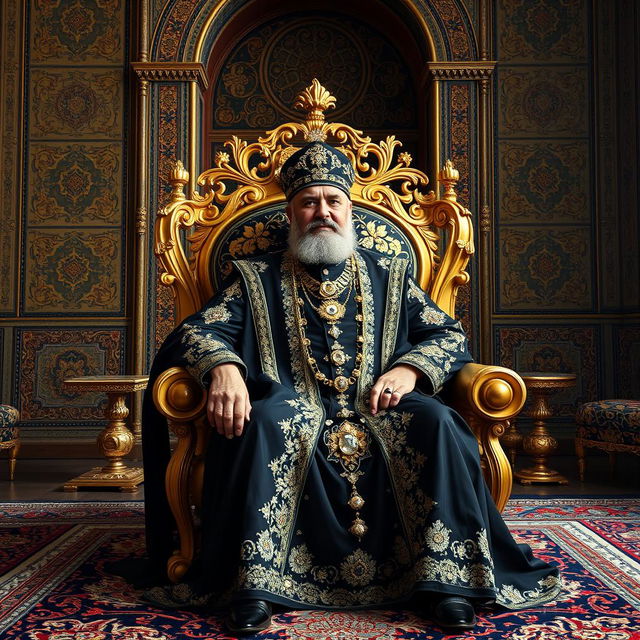 A stunning portrayal of Naser al-Din Shah Qajar seated regally in the Golestan Palace