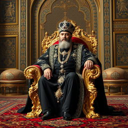 A stunning portrayal of Naser al-Din Shah Qajar seated regally in the Golestan Palace