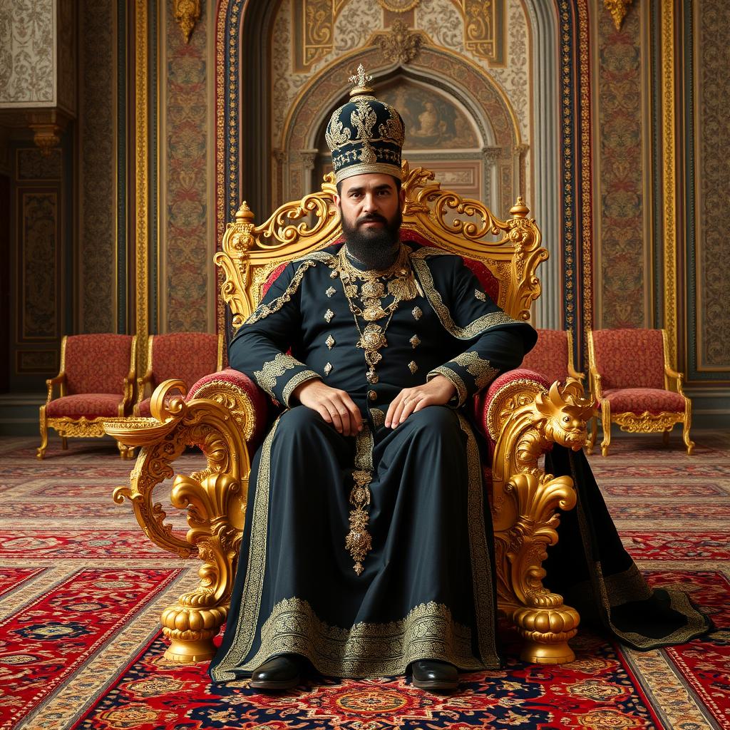 A stunning portrayal of Naser al-Din Shah Qajar seated regally in the Golestan Palace